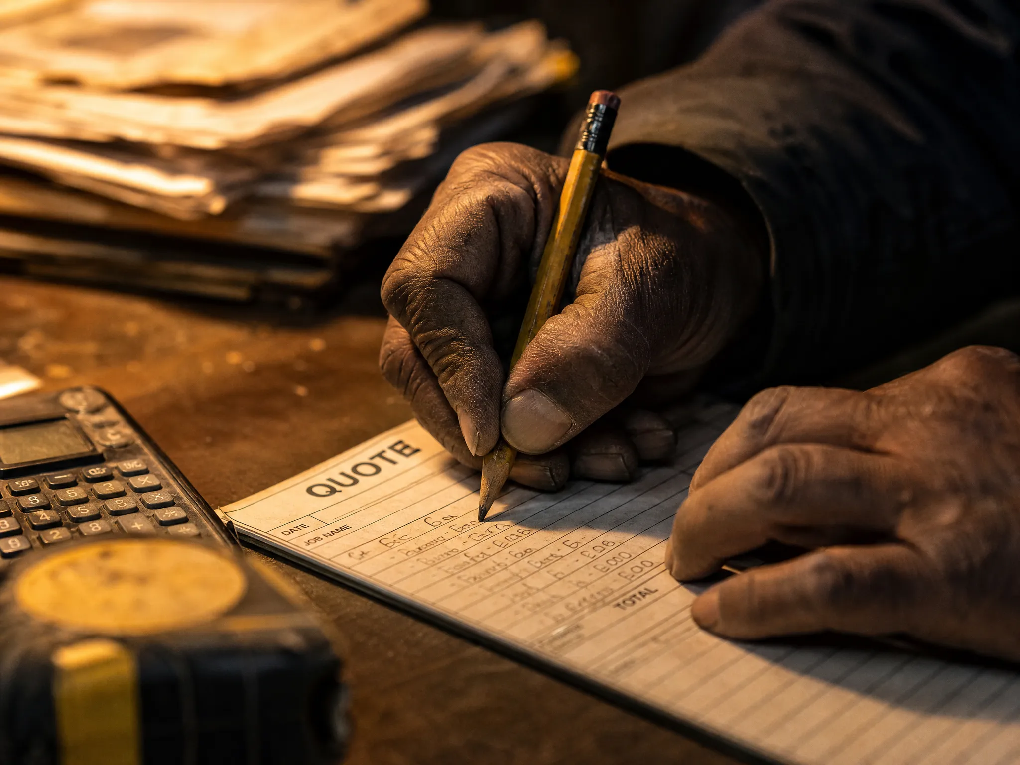 Hands writing out quotes by hand on paper